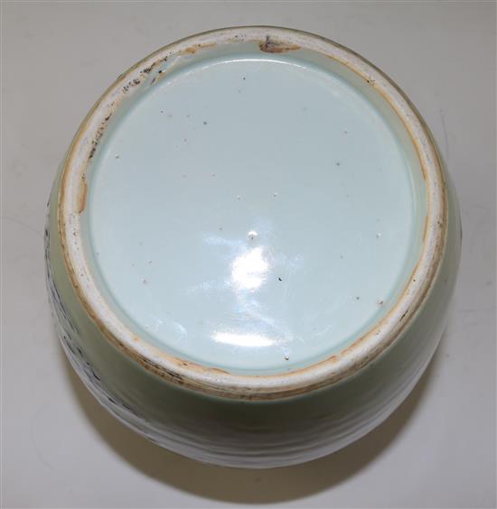 A Chinese celadon glazed ovoid jar, 18th/19th century, 28cm, cover lacking